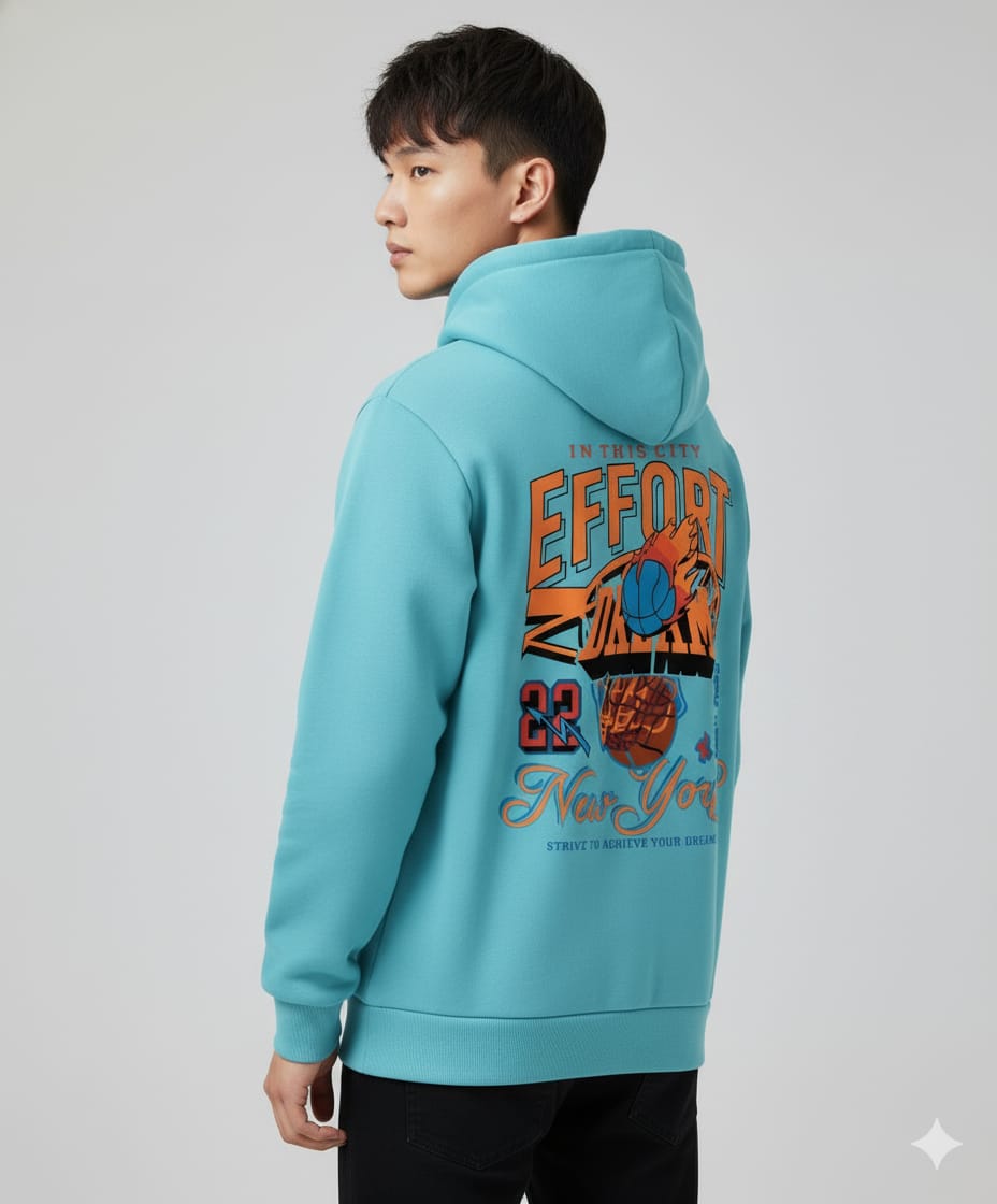 Effort New York Basketball Back Print Drop Shoulder Hoodie – Teal Blue, 100% Cotton, 280 GSM (Unisex)