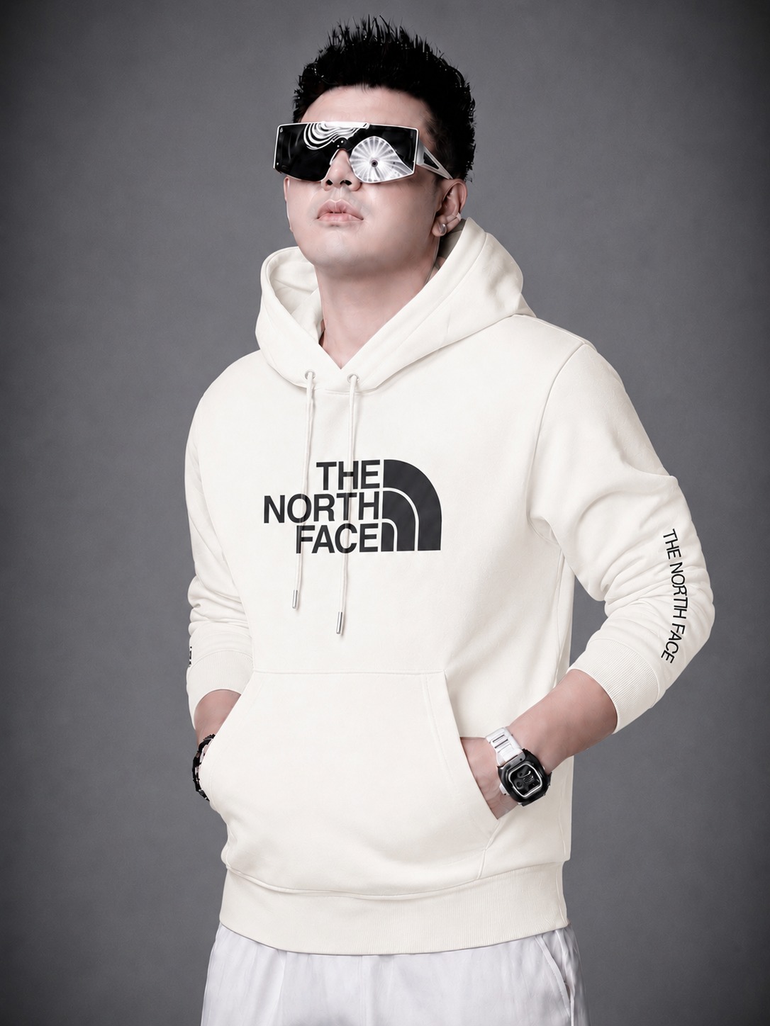 Premium Semi-Baggy Hoodie with “The North Face” Logo Print – Off-White, 100% Cotton (Unisex)