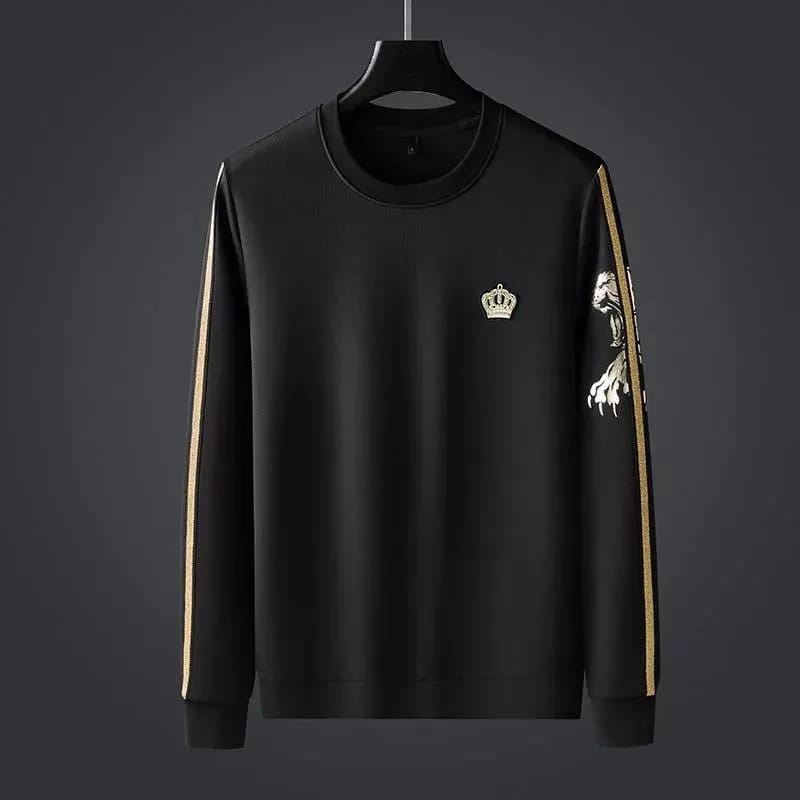 Black Cotton Full Sleeve T-Shirt with Golden Sleeve Stripe – 200 GSM