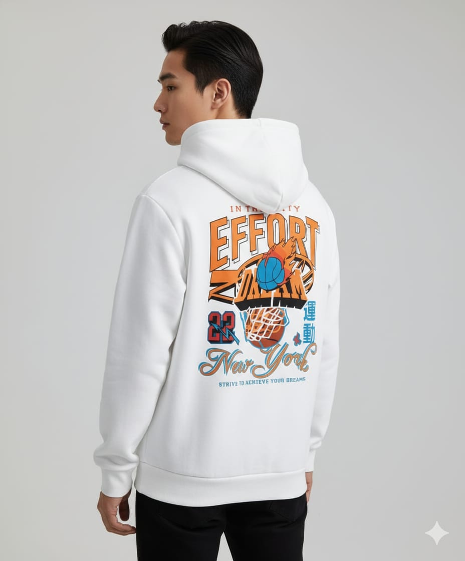 Effort New York Basketball Back Print Drop Shoulder Hoodie – White, 100% Cotton, 280 GSM (Unisex)