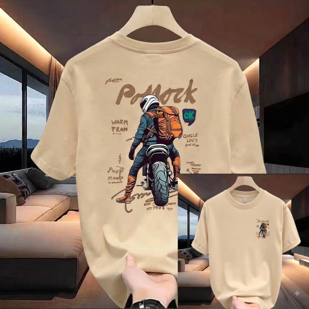 Stylish Drop Shoulder T-Shirt – Beige Biker Graphic Print