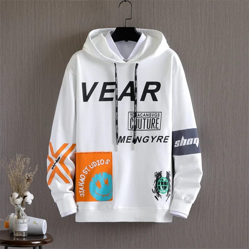 Stylish Men's Cotton Hoodie – White Graphic Print Full Sleeve Hoodie (300 GSM)