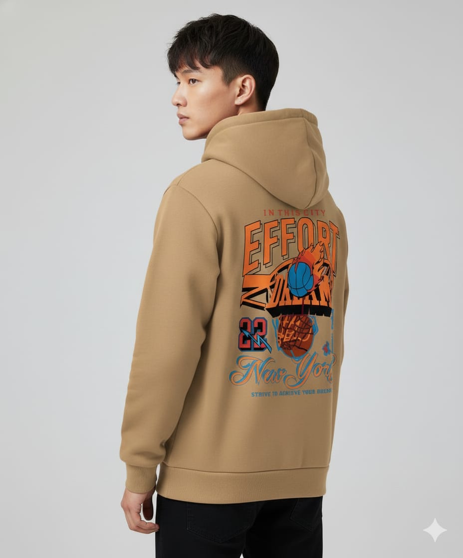Effort New York Basketball Back Print Drop Shoulder Hoodie – Khaki, 100% Cotton, 280 GSM (Unisex)