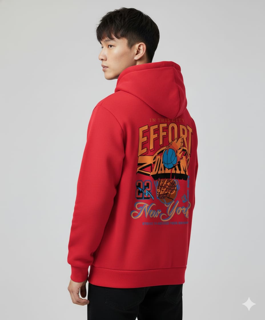 Effort New York Basketball Back Print Drop Shoulder Hoodie – Red, 100% Cotton, 280 GSM (Unisex)