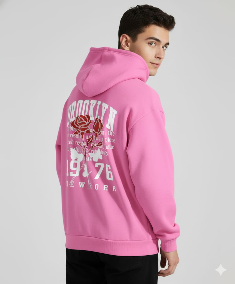 Brooklyn 1976 Rose Back Print Drop Shoulder Hoodie – Pink, 100% Cotton, 280 GSM (Unisex)