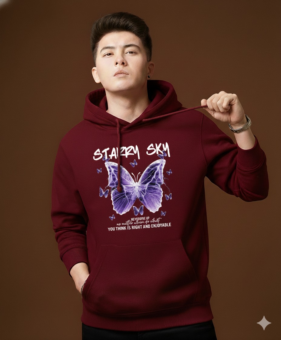 Starry Sky Butterfly Print Drop Shoulder Hoodie – Maroon, 100% Cotton, 280 GSM (Unisex)
