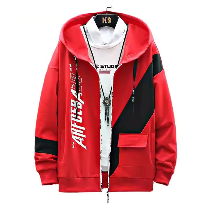 Men’s Red & Black Zip-Up Hoodie – Soft Cotton Color Block Design