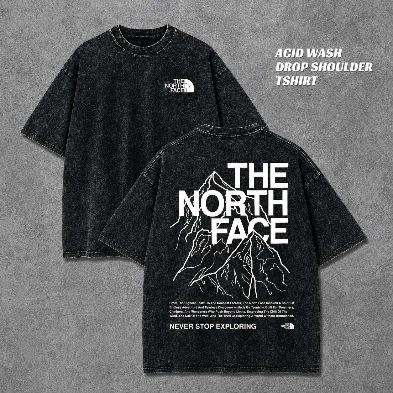 Acid Wash Drop Shoulder T-Shirt – Black Mountain Print