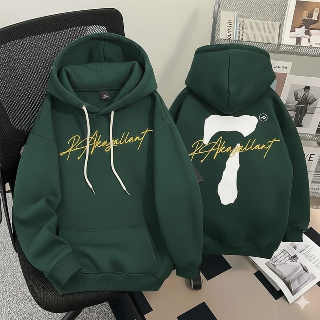 Men's Dark Green Winter Hoodie – Full Sleeve Cotton Hoodie with Golden Script Print & Back "7" Graphic (M, L, XL)