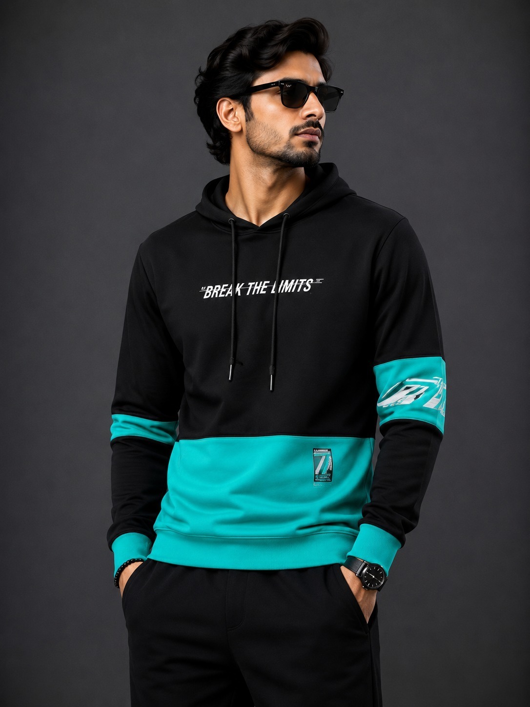 Black & Teal Colorblock Hoodie for Men – 280-300 GSM 100% Cotton Casual Hoodie