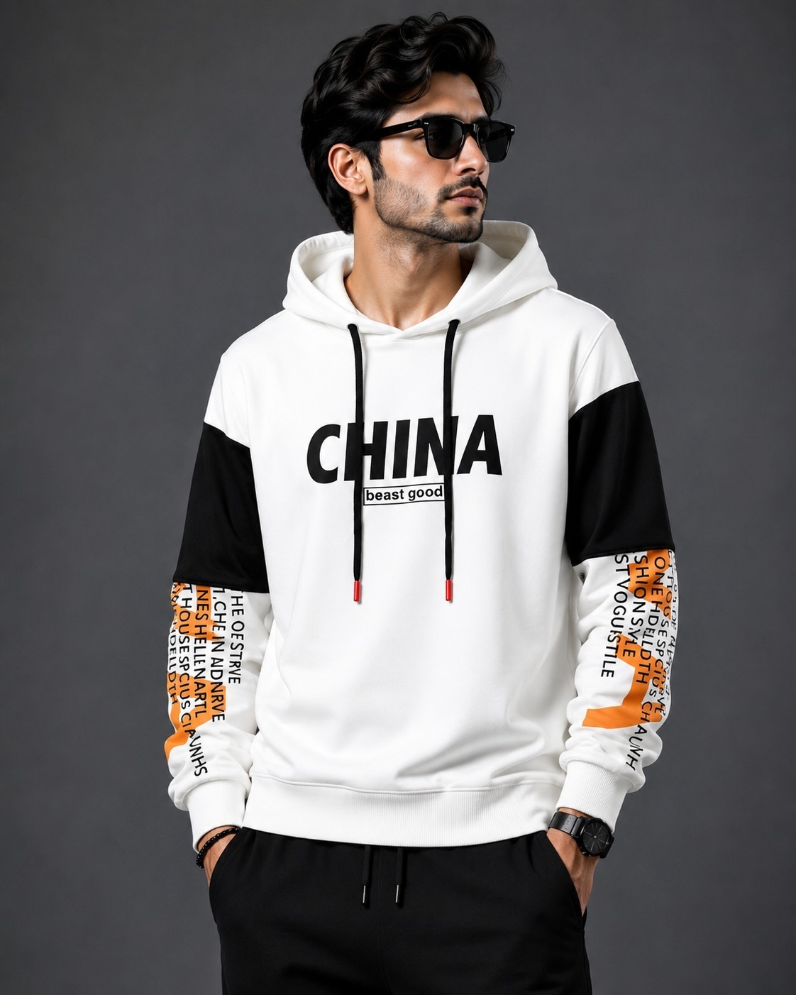 White Colorblock Hoodie for Men – 280-300 GSM 100% Cotton Casual Hoodie