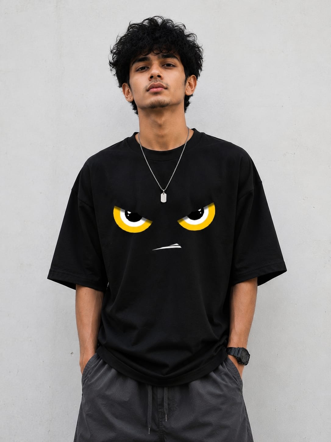 Premium Cotton Drop Shoulder T-Shirt – Black Angry Eyes Print