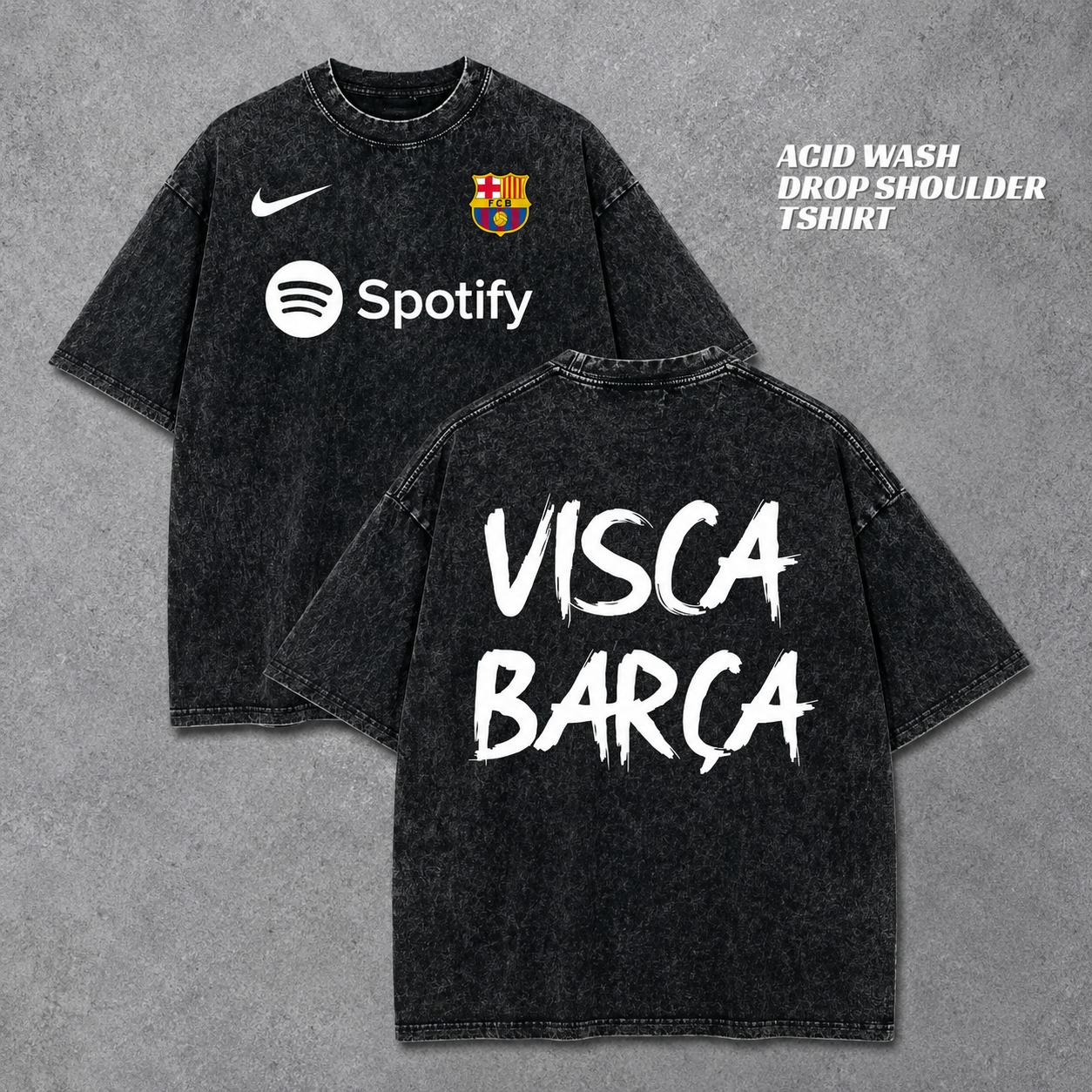 Acid Wash Drop Shoulder T-Shirt – Black “Visca Barça” Print
