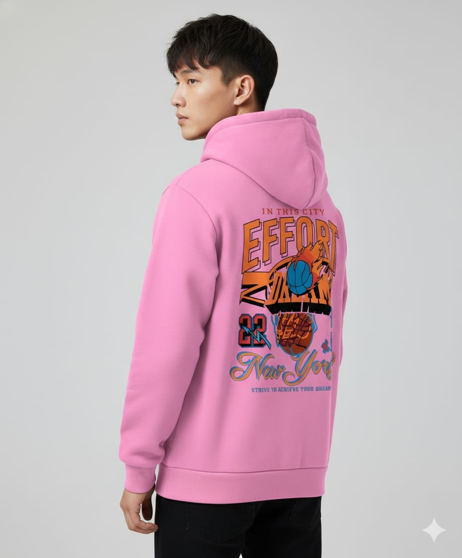 Effort New York Basketball Back Print Drop Shoulder Hoodie – Pink, 100% Cotton, 280 GSM (Unisex)