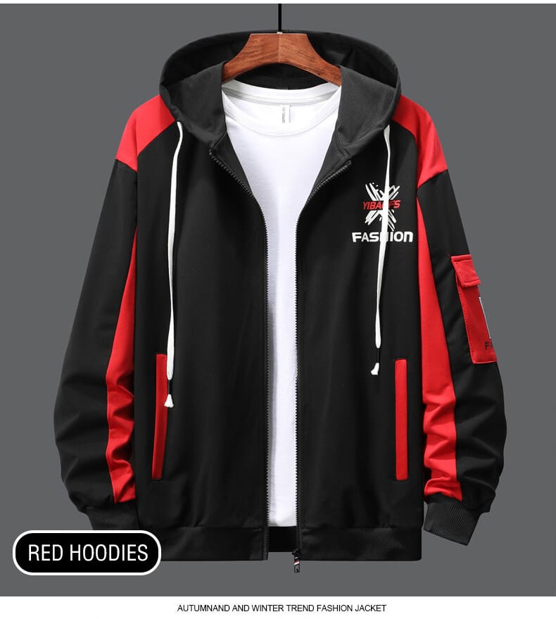 Black & Red Colorblock Zipper Hoodie Jacket – 300 GSM Cotton Winter Hoodie