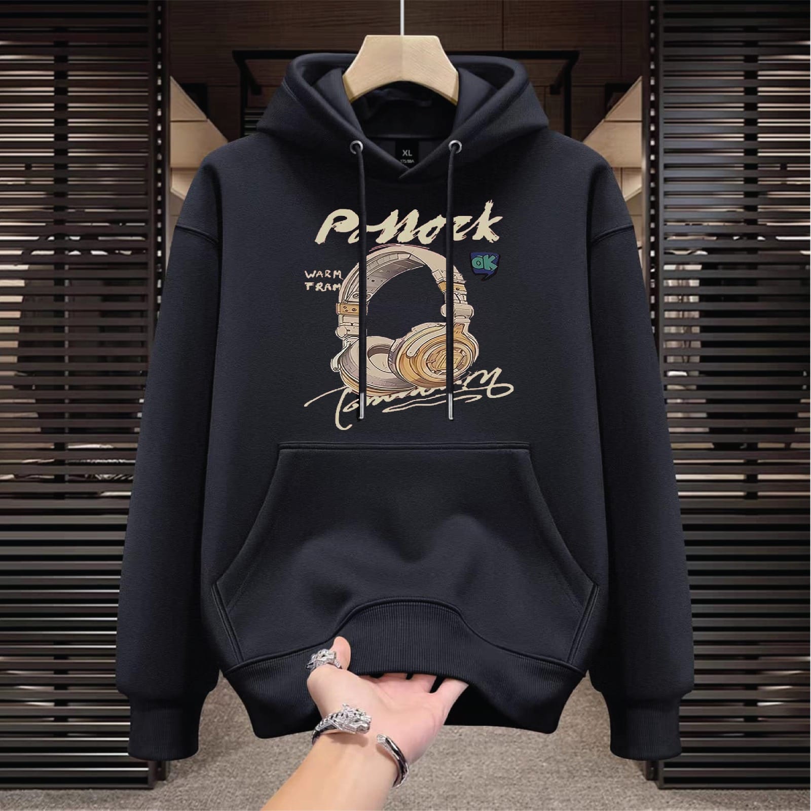 Men's Black Winter Hoodie – Full Sleeve Cotton Hoodie with Headphone Graphic Print (M, L, XL)