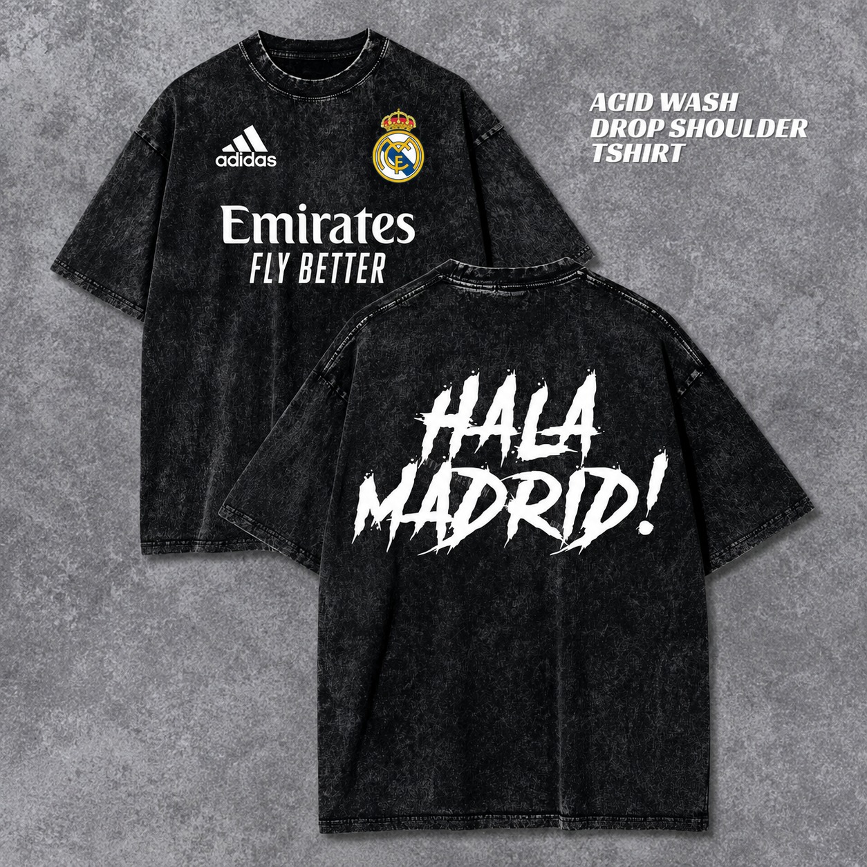 Acid Wash Drop Shoulder T-Shirt – Black “Hala Madrid” Print