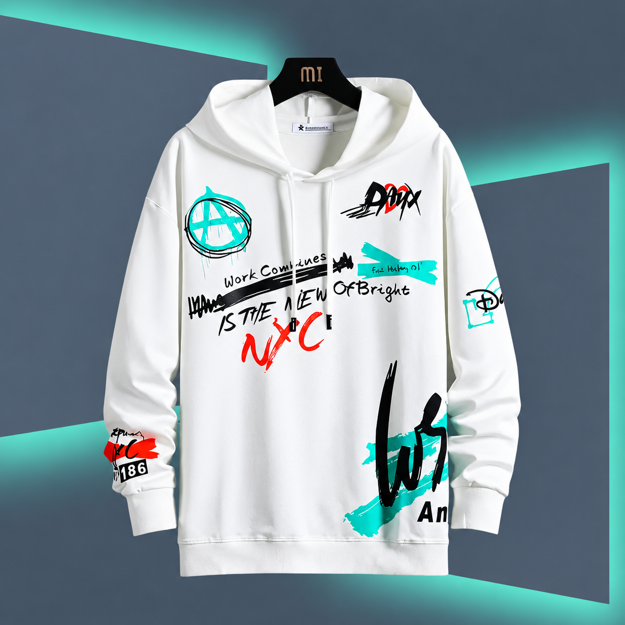 New Stylish Graffiti Print Hoodie for Men – White, 300 GSM Cotton