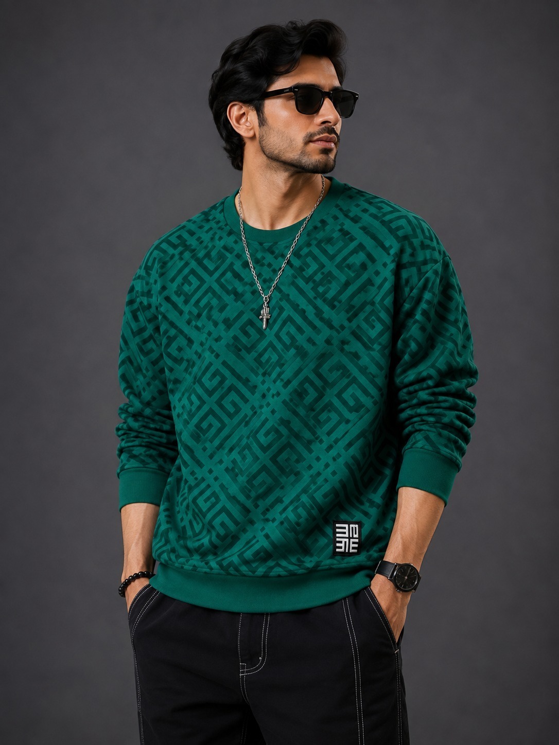 Green Geometric Pattern Cotton Full Sleeve T-Shirt (180–200 GSM) – M, L, XL