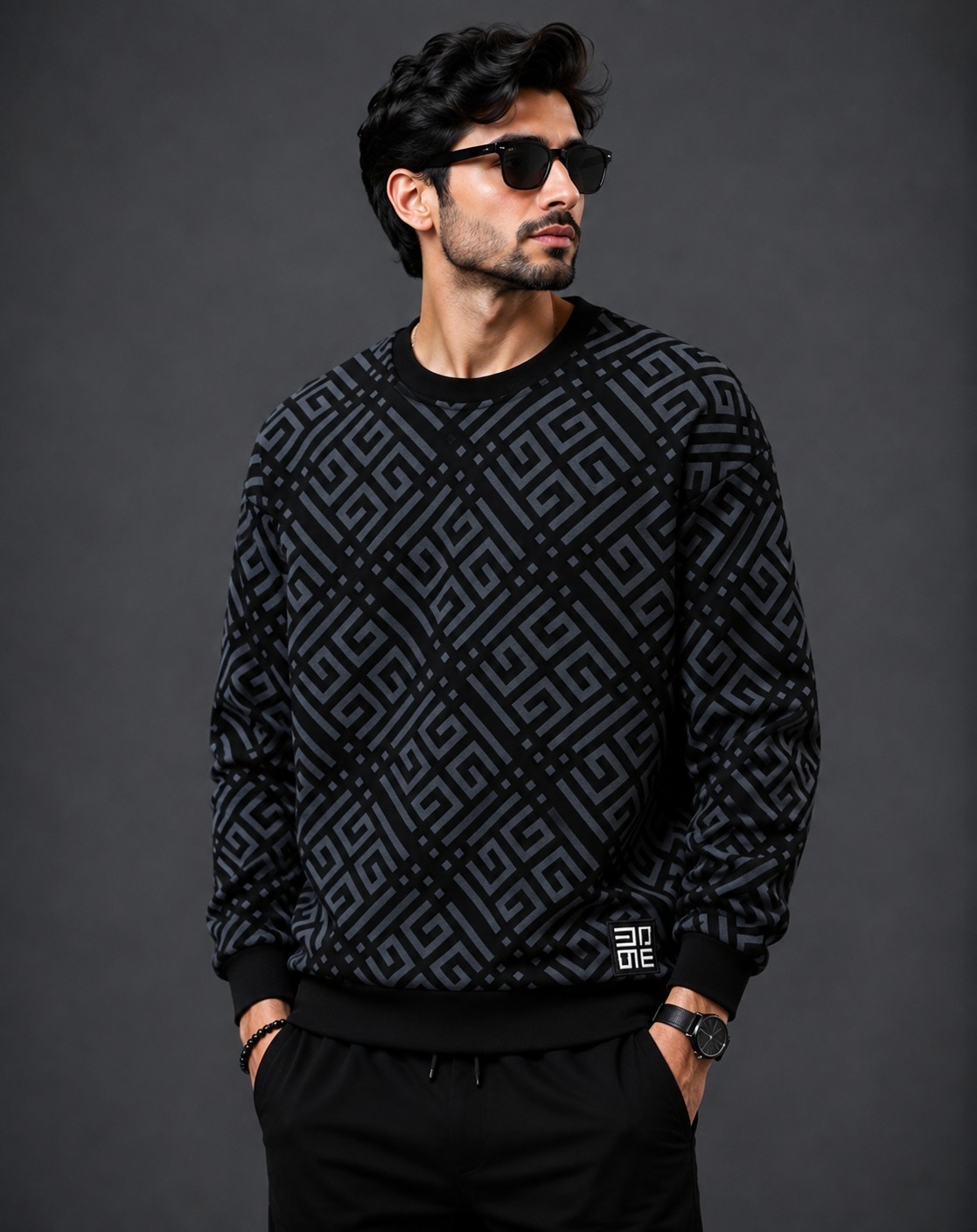 Black & Grey Geometric Pattern Cotton Full Sleeve T-Shirt (180–200 GSM) – M, L, XL