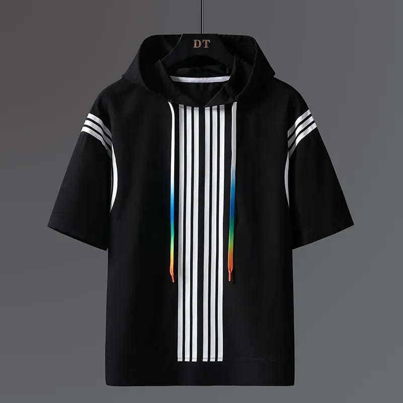 Black Striped Half Sleeve Hoodie – 300 GSM Cotton Casual Hoodie