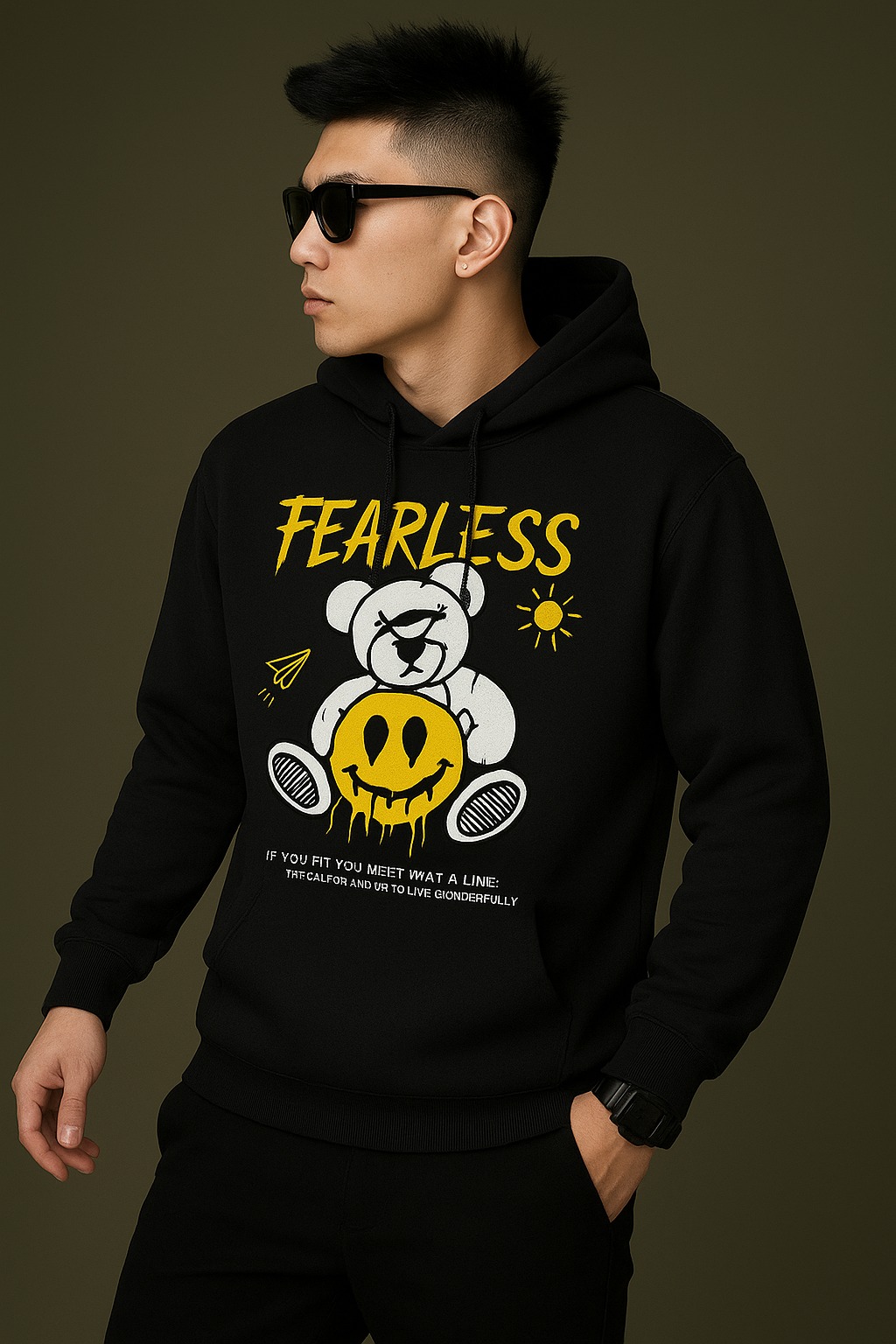 Fearless Teddy Print Drop Shoulder Hoodie for Men & Women – Black, 100% Cotton, 280 GSM