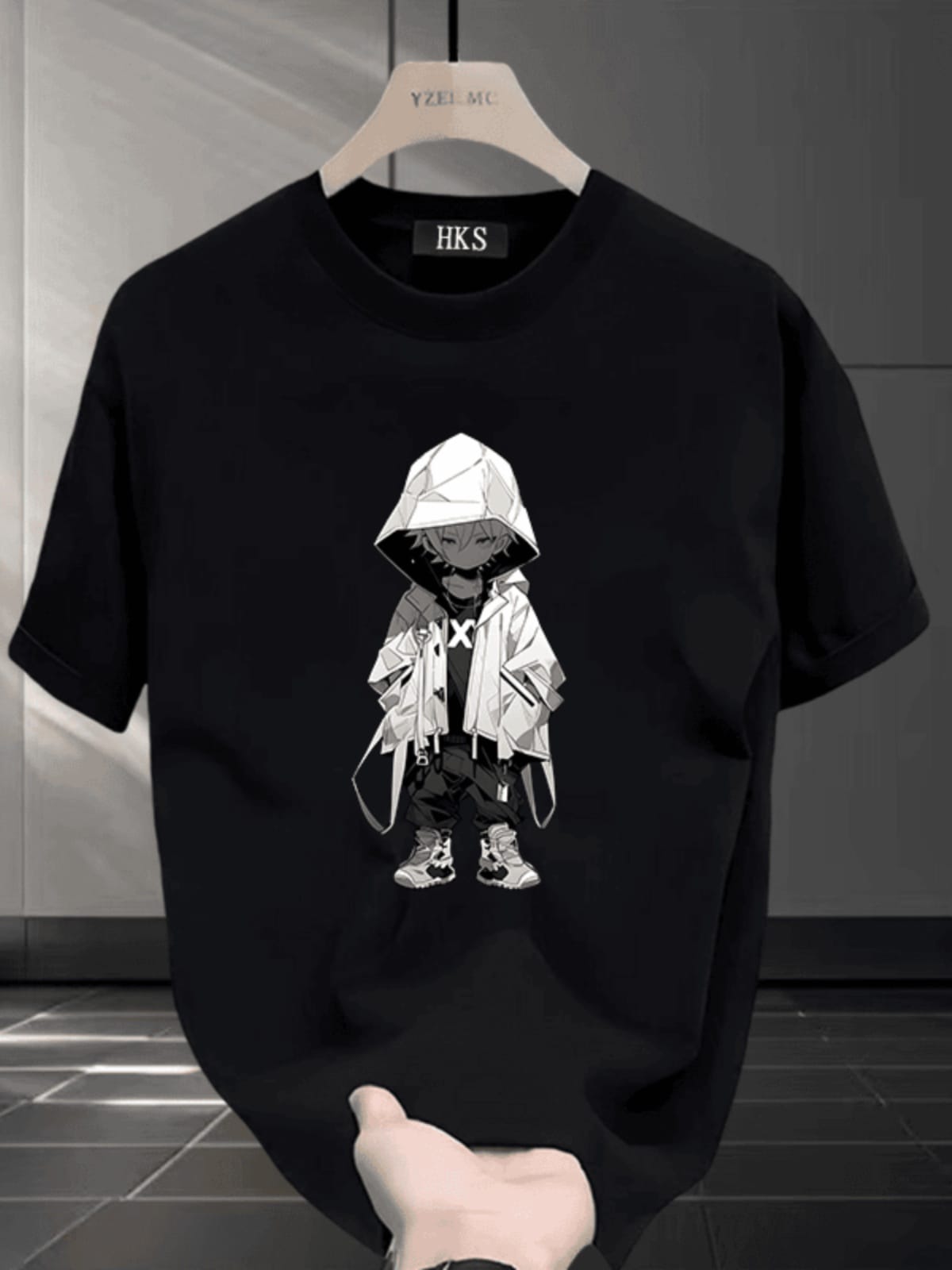Premium Cotton Drop Shoulder T-Shirt – Black Hooded Anime Character Print