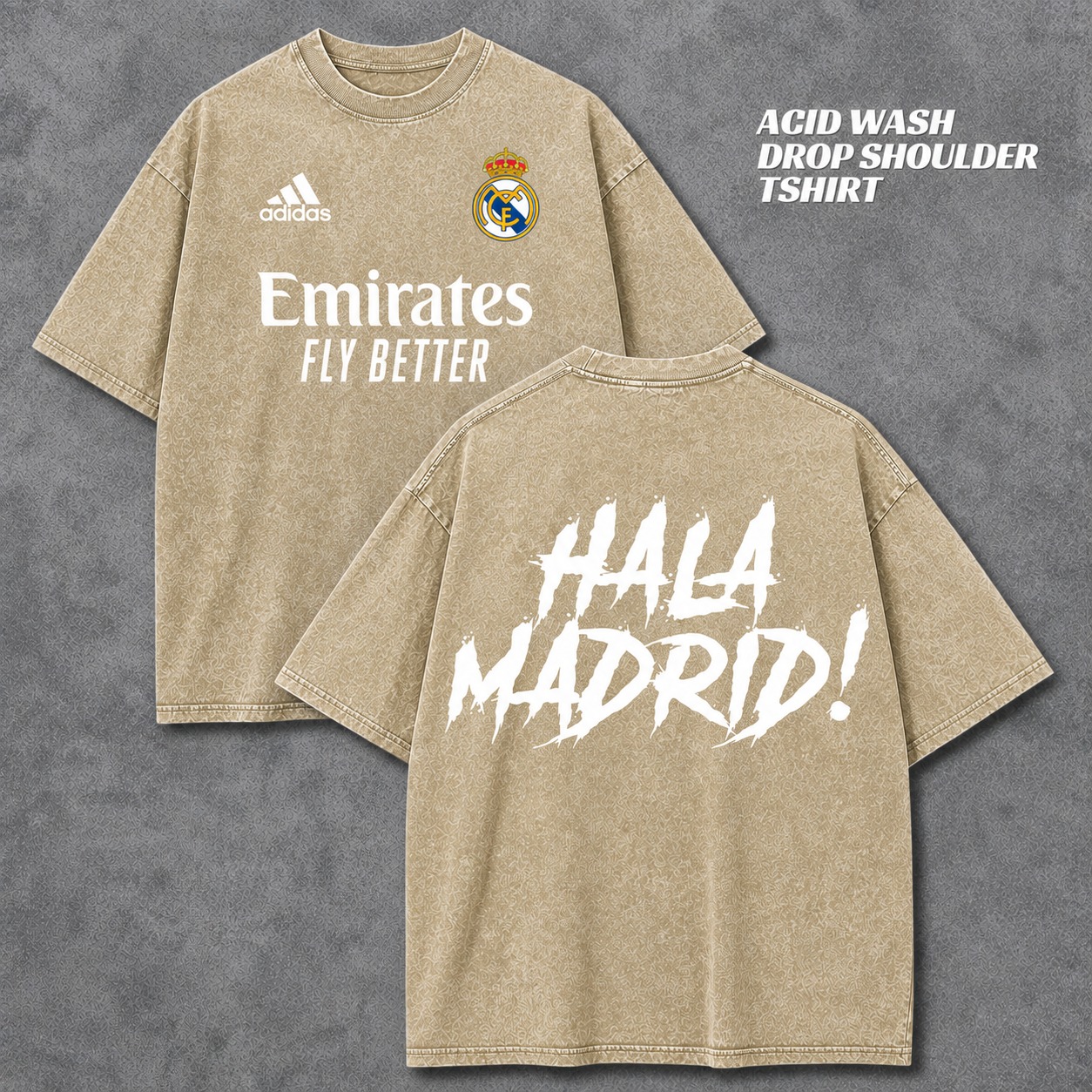 Acid Wash Drop Shoulder T-Shirt – Beige “Hala Madrid” Print
